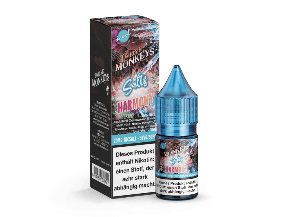Twelve Monkeys Iced Harmony 10ml Nikotinsalz-Liquid in blau-pinker Verpackung mit Flasche, Frontansicht