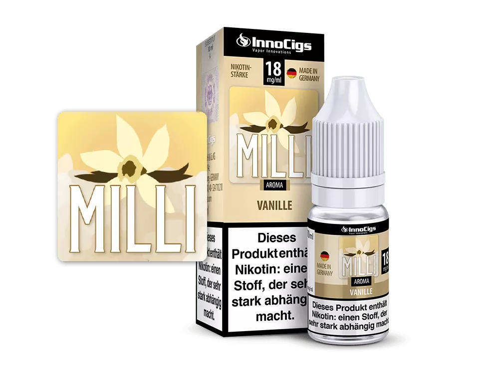 InnoCigs Milli Vanille 10ml eLiquid Flasche mit goldener Verpackungsbox, Frontansicht