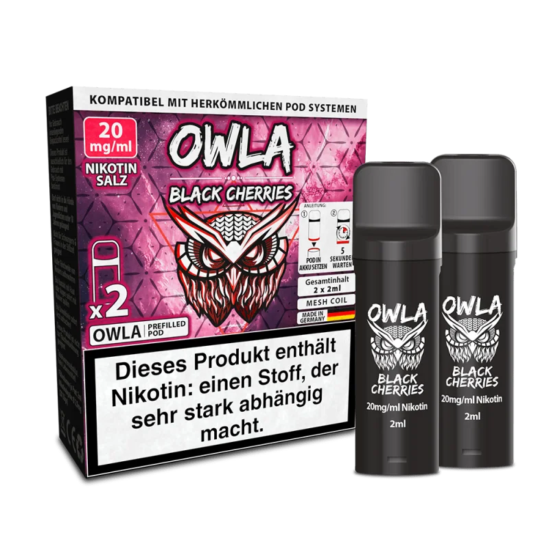 Owla Black Cherries Prefilled Pod 2er-Pack, pink-schwarze Verpackung mit 20 mg Nikotinsalz, zwei schwarze Pods seitlich