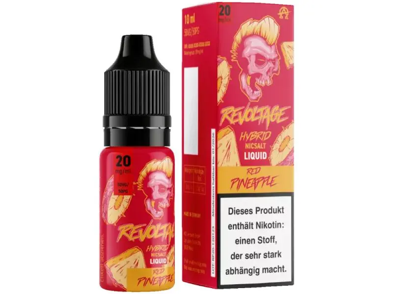 Revoltage Red Pineapple Hybrid-Nikotinsalz-Liquid 10ml 20mg/ml – rote Flasche mit Schädel-Design und Verpackung