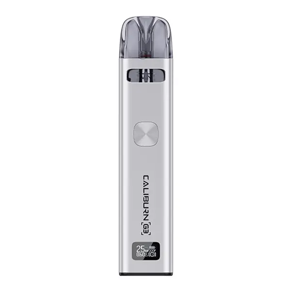 Uwell Caliburn G3 Pod Kit E-Zigarette in Silber, schlanker Akkuträger mit aufgestecktem Pod, Vorderansicht