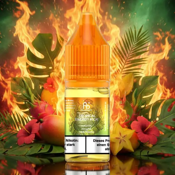 Fumot Tropical Energy Kick 10ml Nikotinsalz-Liquid, goldgelbe Flasche vor tropischem Flammen-Hintergrund