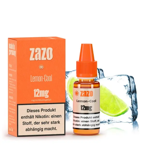 ZAZO Classics Lemon-Cool 10ml Liquid 12mg – orange Faltschachtel und Flasche mit Limetten-Eiswürfel-Motiv