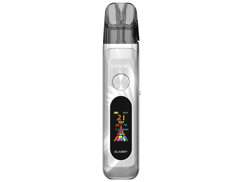 Smok Novo Classy Pod-Kit in Silber-Weiß, Vorderansicht mit farbigem Display