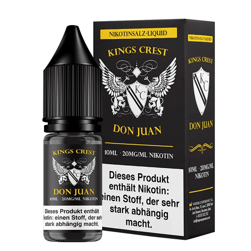 Kings Crest Don Juan Nikotinsalz-Liquid 10ml – schwarze Verpackung mit Adler-Logo, Einzelflasche und Umkarton