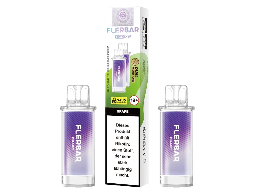 Flerbar Prefilled Pod Grape – 2er-Pack in lila Verpackung mit zwei violett gefärbten Pods
