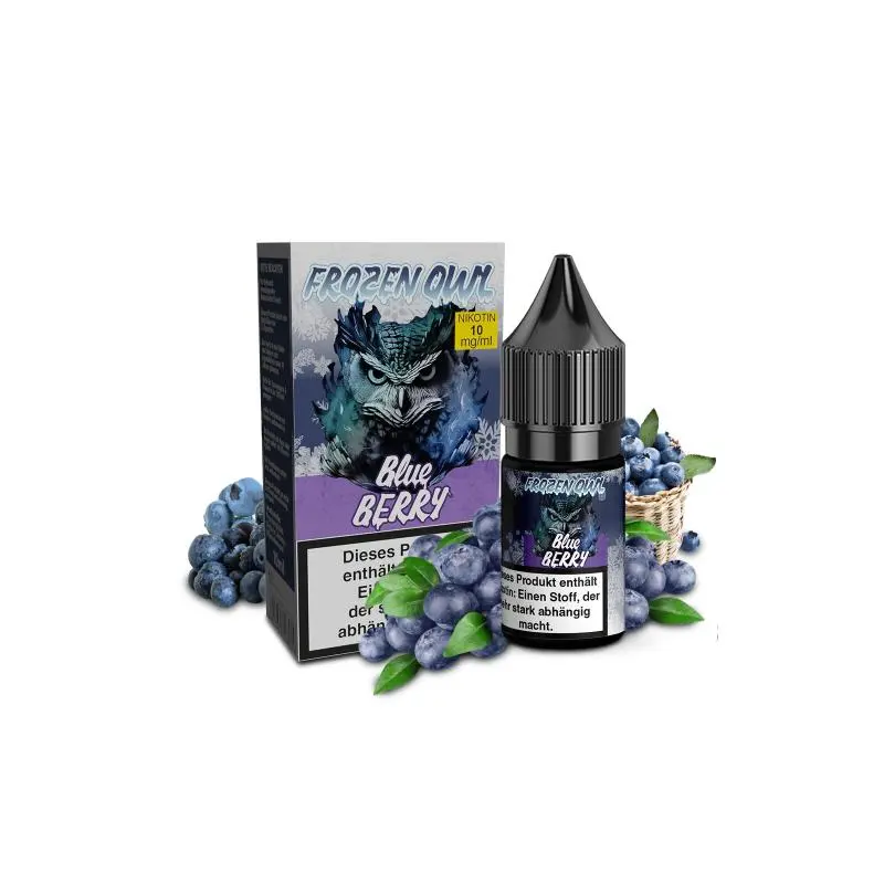 OWL Frozen Blueberry 10ml Nikotinsalz-Liquid Flasche neben Verpackungskarton mit Blaubeeren-Motiv