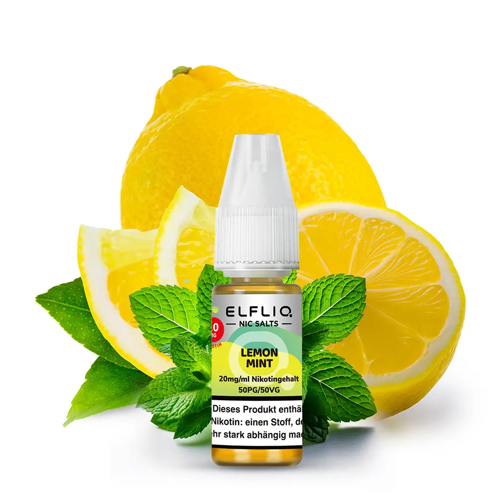 elfliq-lemon-mint-2YKhstgZ5Kg6S9.jpg Elfbar Elfliq Lemon Mint 10ml Nikotinsalz-Liquid Flasche mit Zitronen und Minze im Hintergrund
