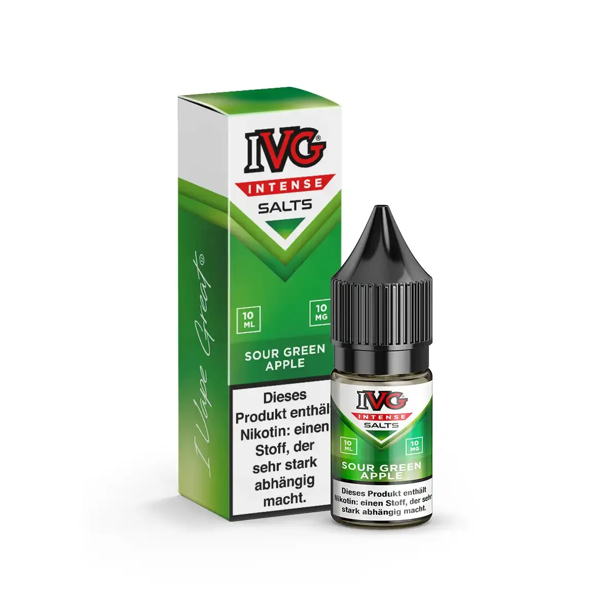 IVG Intense Salts Sour Green Apple 10ml Nikotinsalz-Liquid – grüne Verpackung mit Flasche, Vorderansicht