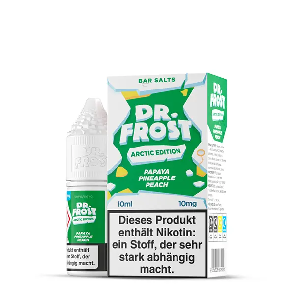 Dr. Frost Arctic Edition Papaya Pineapple Peach 10ml Nikotinsalz-Liquid, grüne Verpackung mit Flasche, 10mg