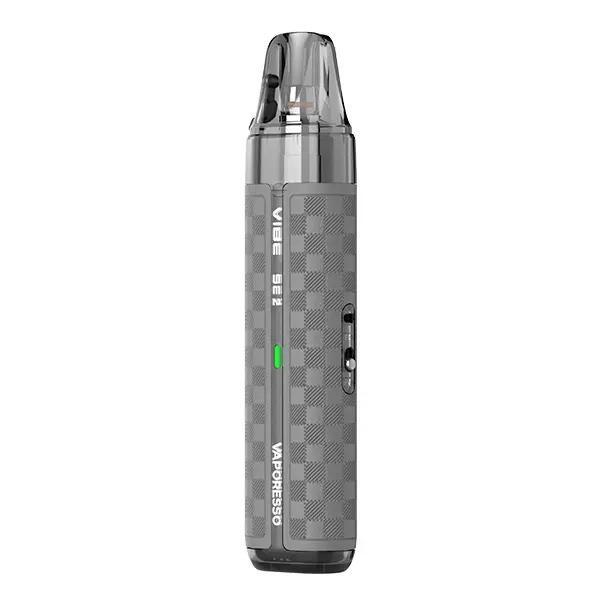Vaporesso Vibe SE 2 Pod Kit in Hellgrau mit kariertem Muster, schlankes Pod-System stehend in Seitenansicht