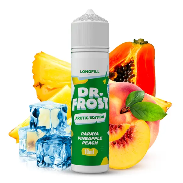 Dr. Frost Arctic Edition Papaya Pineapple Peach Longfill, Produktbild mit Papaya, Ananas, Pfirsich und Eiswürfeln