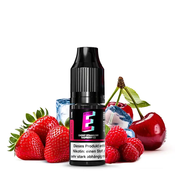 E-Intense Cherry Strawberry Raspberry Ice 10ml Nikotinsalz-Liquid – schwarze Flasche mit Erdbeeren und Kirschen
