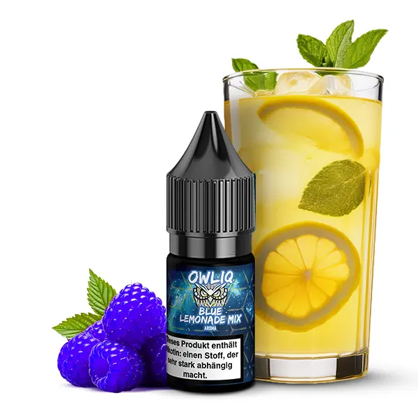 Owliq Blue Lemonade Mix Nikotinsalz-Liquid 10ml mit Limonadenglas, Zitronen und blauen Beeren