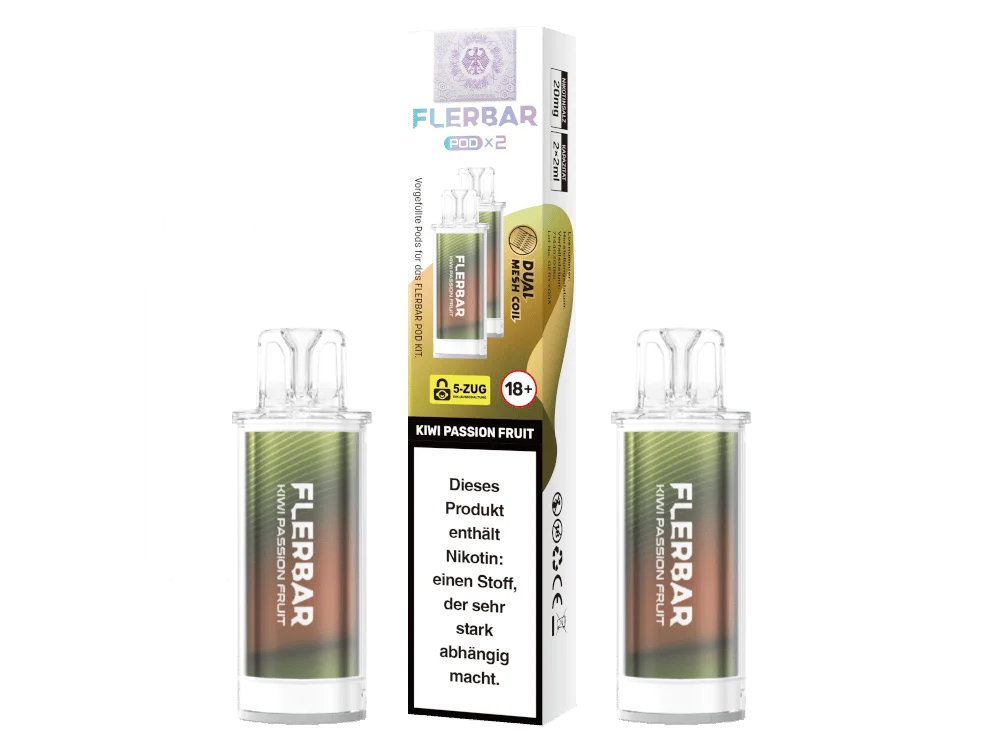 Flerbar Prefilled Pod Kiwi Passion Fruit – Verpackung und zwei transparente Pods mit grün-goldener Flüssigkeit