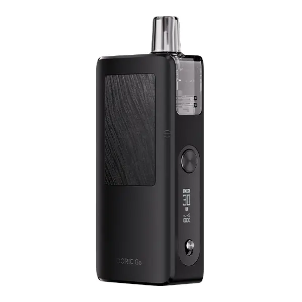 VooPoo Doric Go Pod Kit in Schwarz mit Streifentextur – Pod-Kit Frontansicht mit seitlichem Display und Einstellknopf