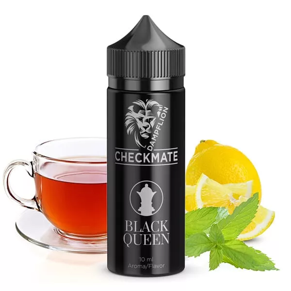 DampfLion Checkmate Black Queen Longfill 120ml schwarze Flasche mit Tasse Tee, Zitrone und Minze im Hintergrund
