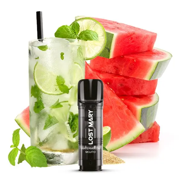 Elfbar Lost Mary TAPPO Prefilled Pod Watermelon Mojito – schwarzer Pod vor Wassermelone und Mojito-Glas