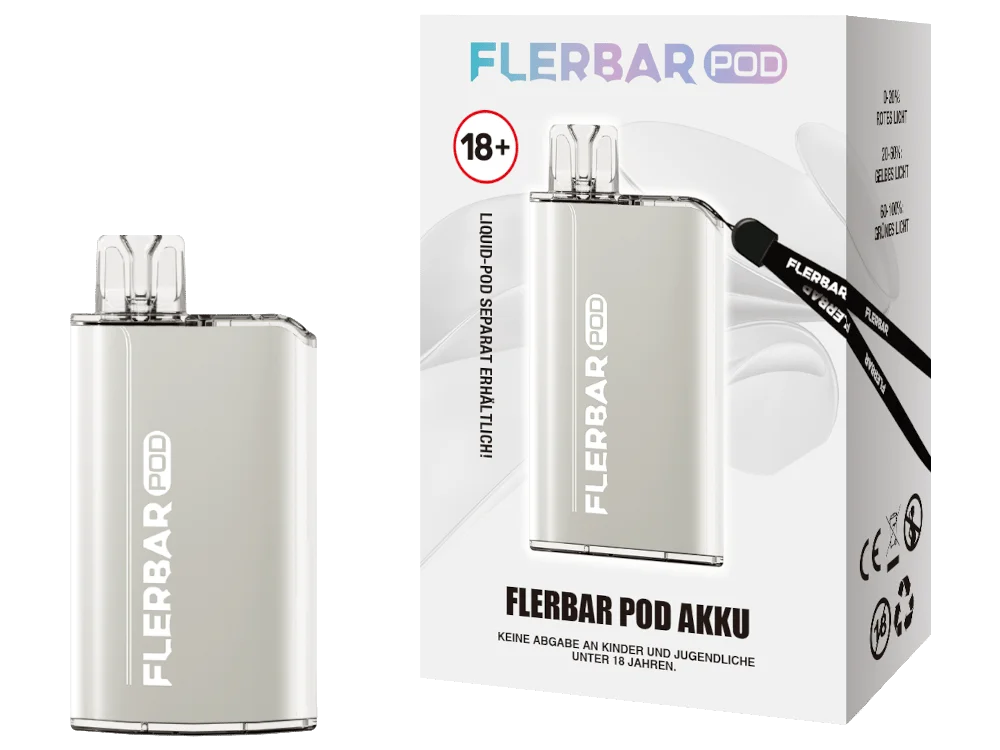 Flerbar Basisgerät in Silber-Weiß mit passender Verpackungsbox, kompaktes Pod-System mit Lanyard