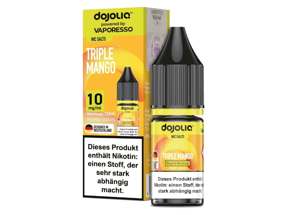 Dojoliq Triple Mango 10ml Nikotinsalz-Liquid von Vaporesso – gelb-orangefarbenes Fläschchen mit Produktkarte