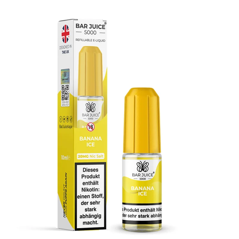 Bar Juice 5000 Banana Ice 10ml Nikotinsalz-Liquid – gelbe Flasche mit Verpackung, Frontansicht