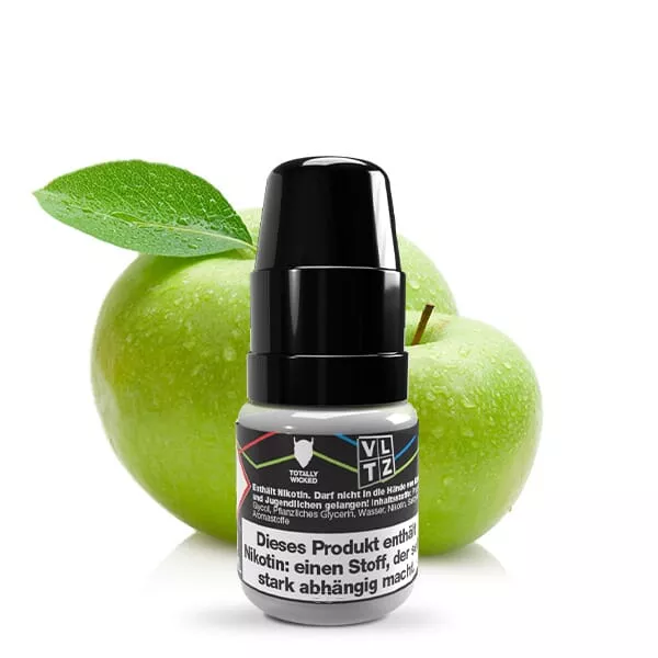 Totally Wicked VLTZ Saurer Apfel Nikotinsalz-Liquid – 10ml Flasche vor grünem Apfel-Hintergrund