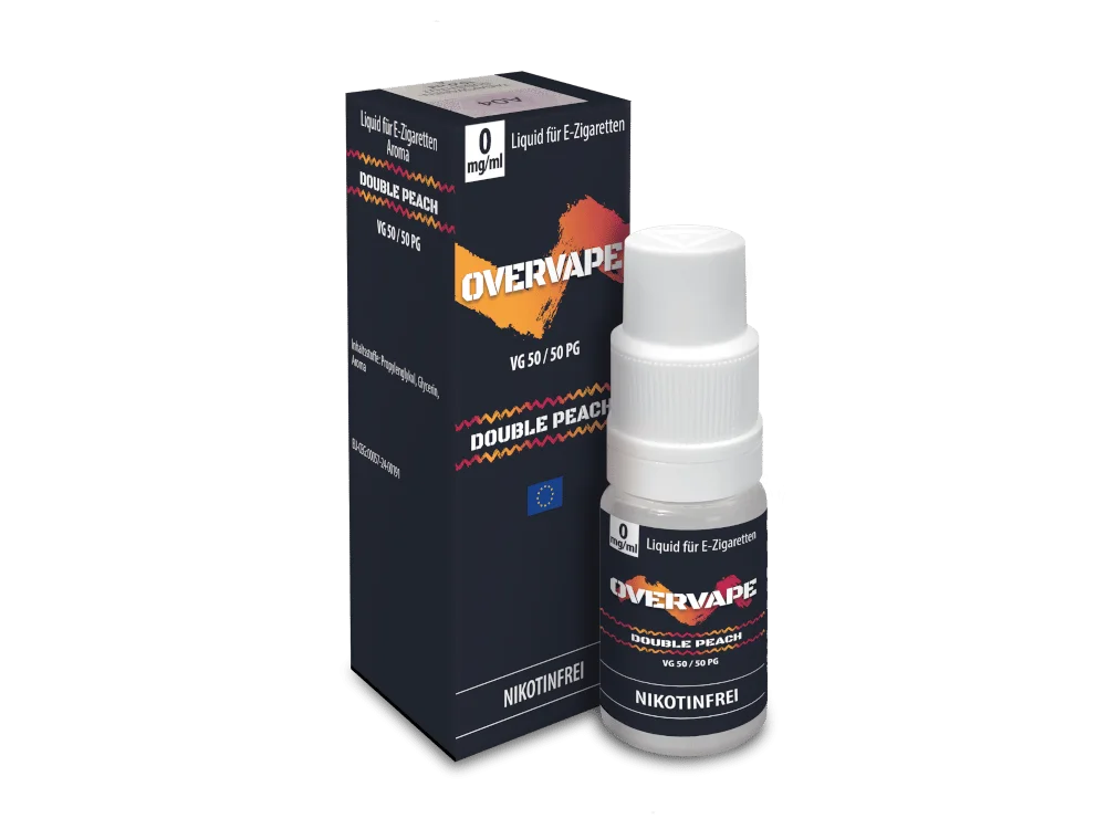 overvape_nicsalt_double_peach_0mg_v2_1000x750.png Overvape Double Peach 10ml Nikotinsalz-Liquid – weiße Flasche mit schwarzer Schachtel und orangem Logo, Frontansicht