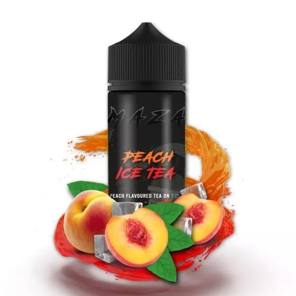 MaZa Peach Ice Tea Longfill Flasche mit frischen Pfirsichen auf dunklem Hintergrund