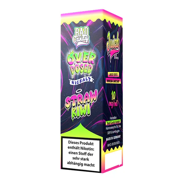 Bad Candy Juicd Series Straw Kiwi 10ml Nikotinsalz-Liquid in pinker Verpackung mit Erdbeer-Kiwi-Motiv