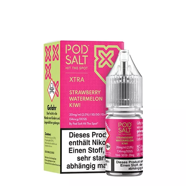 PodSalt Xtra Strawberry Watermelon Kiwi 10ml Nikotinsalz-Liquid, pinke Verpackungsrückseite