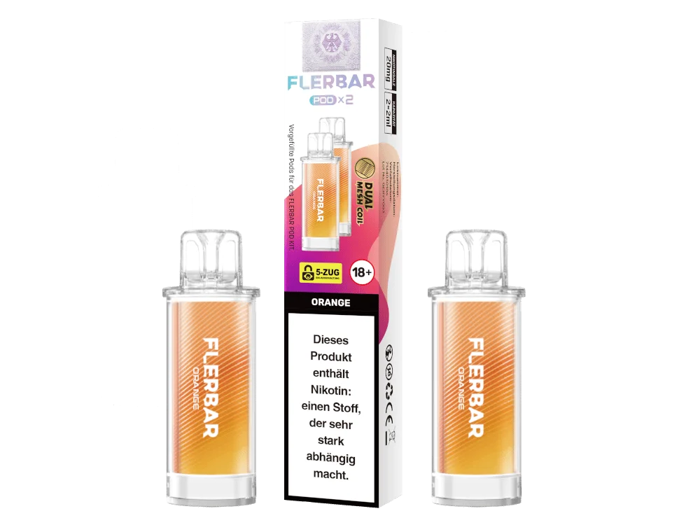Flerbar Prefilled Pod Orange – Produktverpackung und zwei orange-farbene Pod-Kartuschen