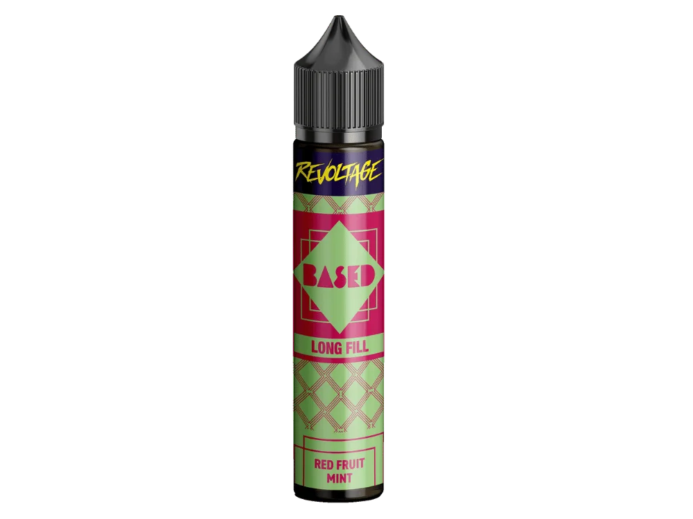 Revoltage Based Red Fruit Mint Longfill 20ml Flasche in Rosa-Grün mit Retro-Etikett