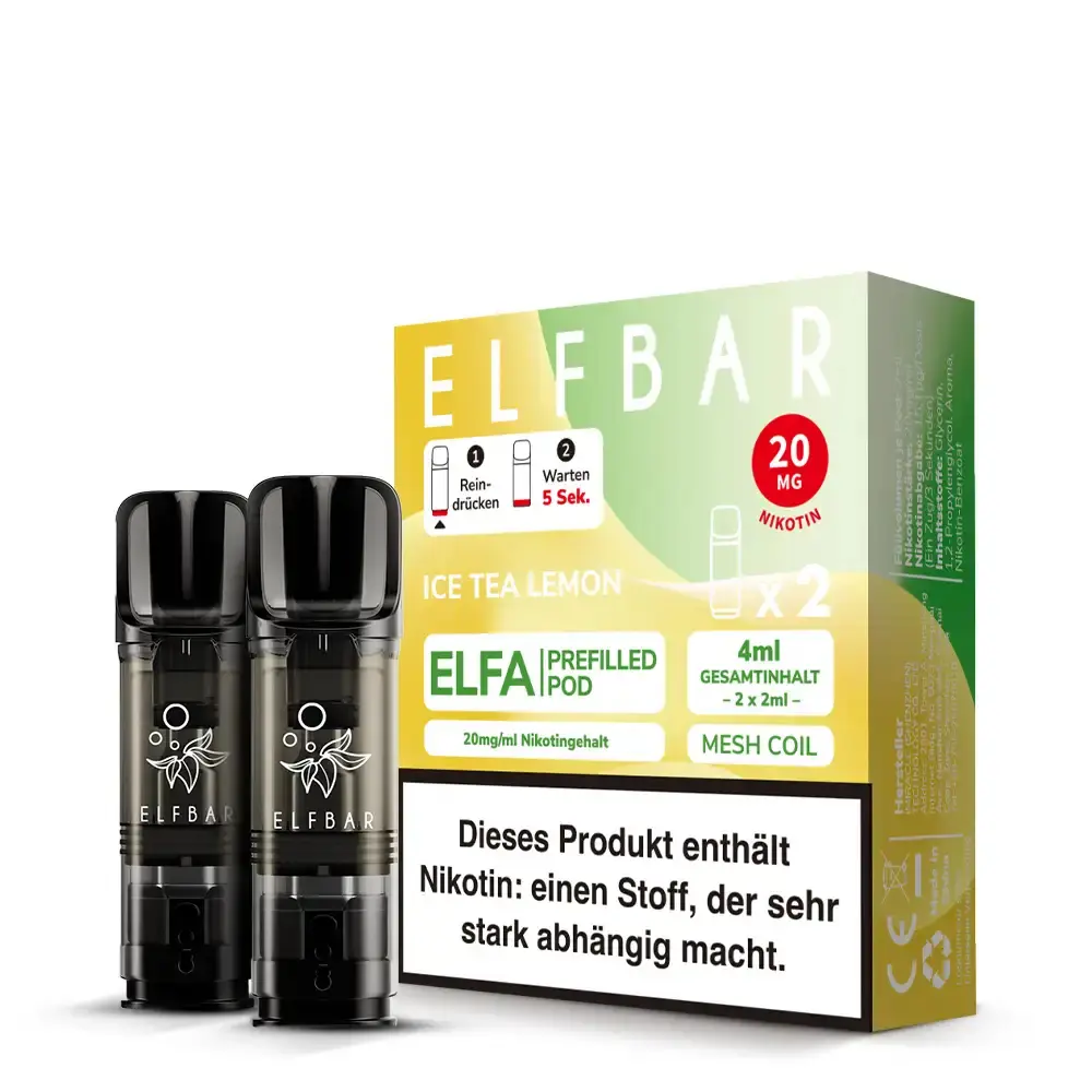 Elfbar Elfa Prefilled Pod Ice Tea Lemon 2er-Pack, grün-gelbe Verpackungsbox mit zwei schwarzen Pods