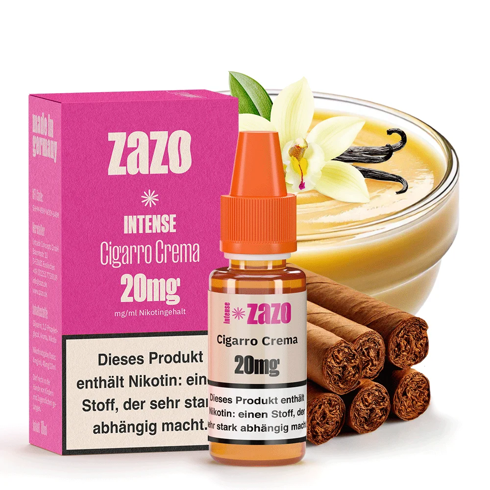 ZAZO Intense Cigarro Crema 20mg Nikotinsalz-Liquid rosa Faltschachtel und Flasche mit Zimt-Cremespeise-Motiv