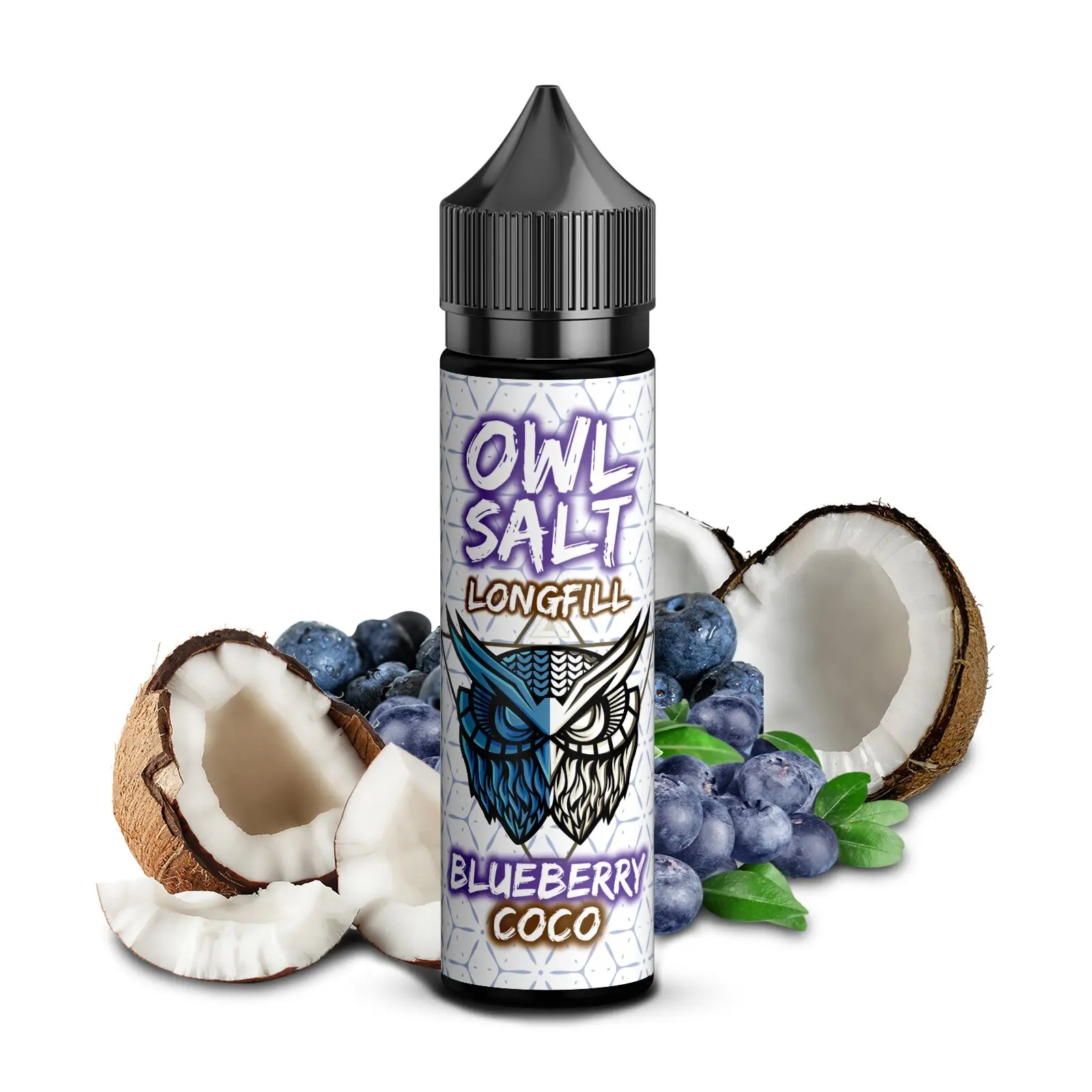 OWL Salt Blueberry Coco Longfill 60ml – Flasche mit Blaubeeren und Kokosnuss auf weißem Hintergrund