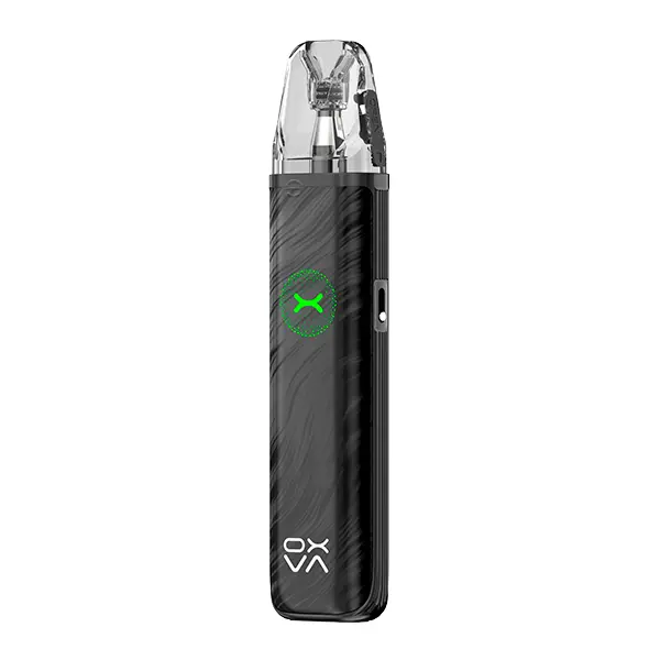 Oxva Xlim Go 2 Pod Kit in Dunkelgrau mit Streifenstruktur, schlankes Stabdesign mit grünem Leuchtelement, Frontansicht