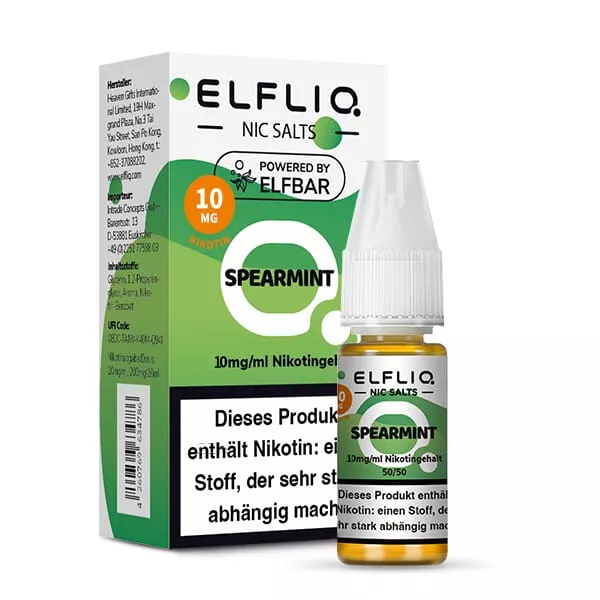 Elfliq Spearmint 10ml Nikotinsalz-Liquid 10mg – Flasche neben grüner Verpackungsbox