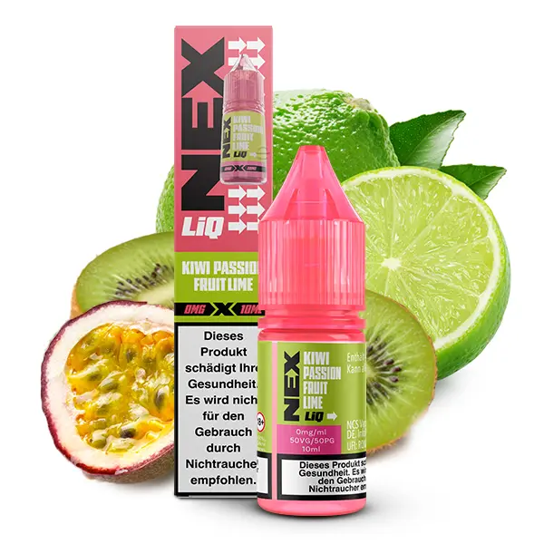 PodSalt NexLiq Kiwi Passionfruit Lime 10ml Nikotinsalz-Liquid, schlanke Flasche mit Frucht-Motiv