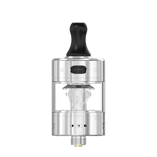 Advken Manta MTL Tank Verdampfer in Silber, Frontansicht mit schwarzem Mundstück und transparentem Tank