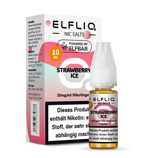 Elfliq Strawberry Ice 10ml Nikotinsalz-Liquid von Elfbar – Flasche mit Warnhinweis und 10mg Nikotingehalt