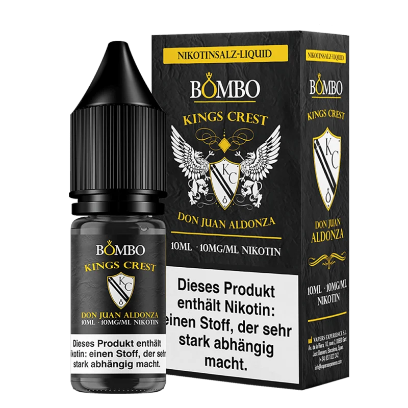 Kings Crest Don Juan Aldonza 10ml Nikotinsalz-Liquid, goldenes Flakon mit schwarzer Schachtel, Frontansicht