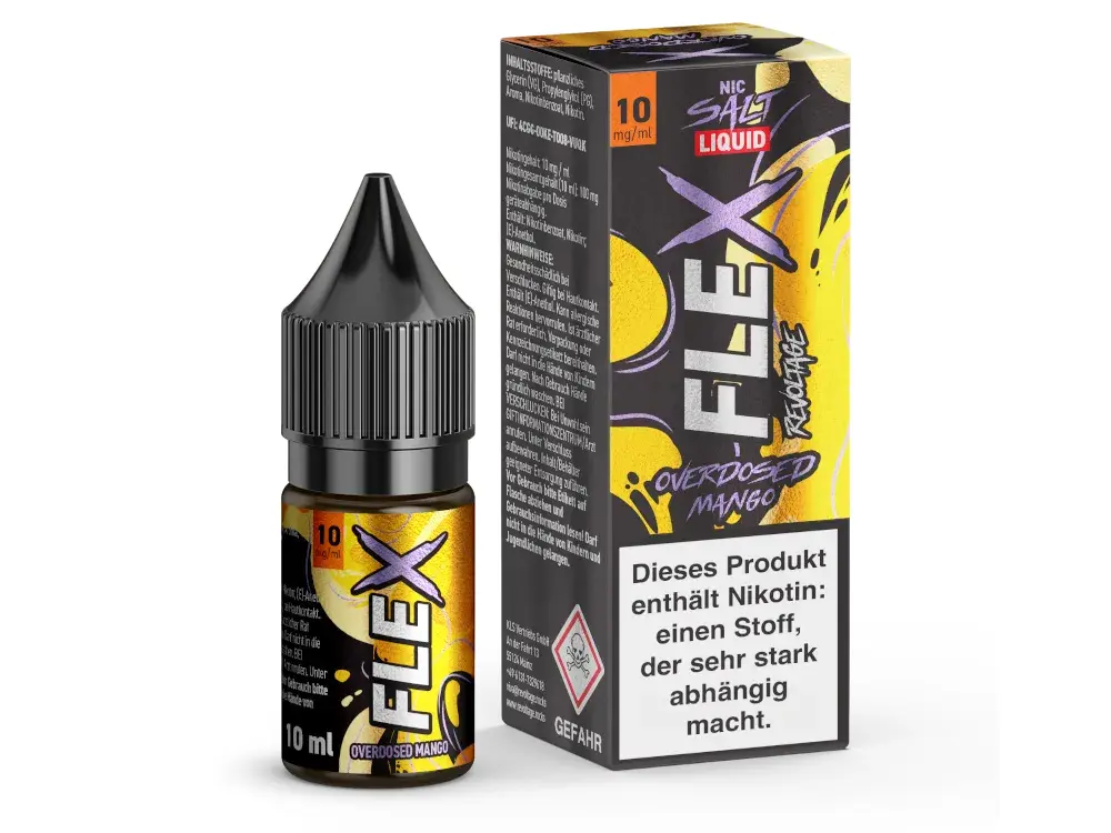 Revoltage Flex Overdosed Mango 10ml Nikotinsalz-Liquid, 10mg Nikotin, Flasche mit gelber Verpackung