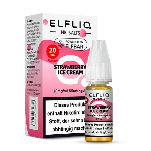 Elfbar Elfliq Strawberry Ice Cream 10ml Nikotinsalz-Liquid 20mg, Flasche mit pinker Verpackungsbox