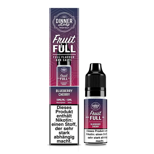 Dinner Lady Fruit Full Blueberry Cherry 10ml Nikotinsalz-Liquid – Packshot mit Flasche, pink-lila Etikett