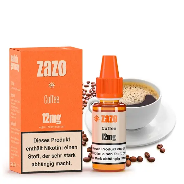 ZAZO Classics Coffee 10ml Liquid 12mg – Verpackung und Flasche mit Kaffeetasse und Kaffeebohnen im Hintergrund