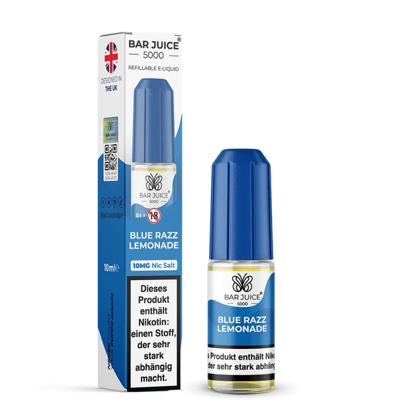 Bar Juice 5000 Blueberry Razz Lemonade Nikotinsalz-Liquid 10ml – blaue Flasche mit Verpackung, Seitenansicht