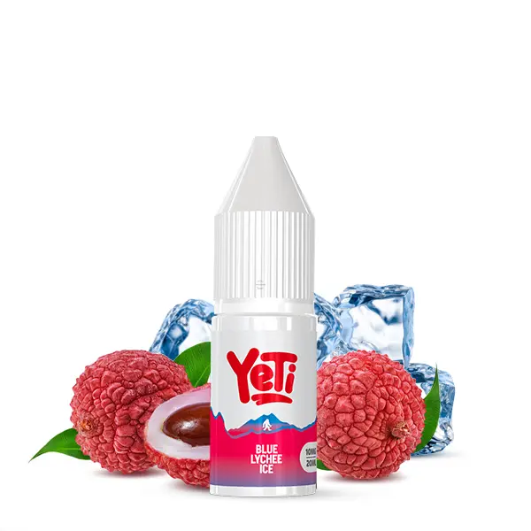 Yeti Summit Blue Lychee Ice Nikotinsalz-Liquid 10ml weiße Flasche mit Lychee-Früchten und Eiswürfeln