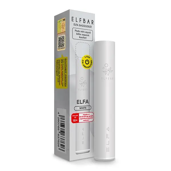 Elfbar Elfa CP Basisgerät in weißer Farbe mit Verpackungskarton, schlankes Pod-System in Frontansicht