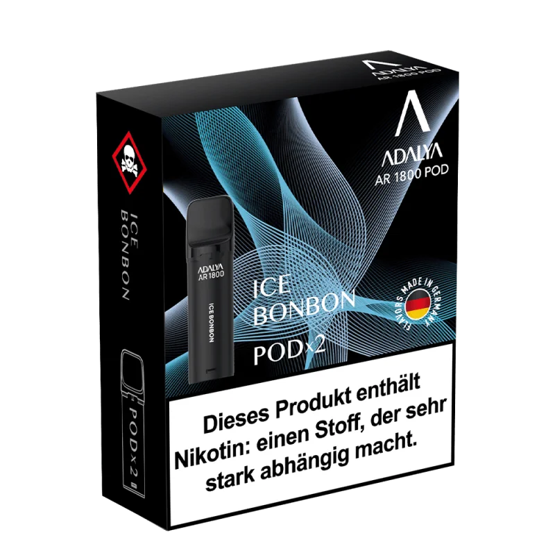Adalya AR1800 Prefilled Pod Ice Bonbon – 2er-Pack in dunkler Verpackung mit blau-schwarzer Gestaltung und Pod-Abbildung