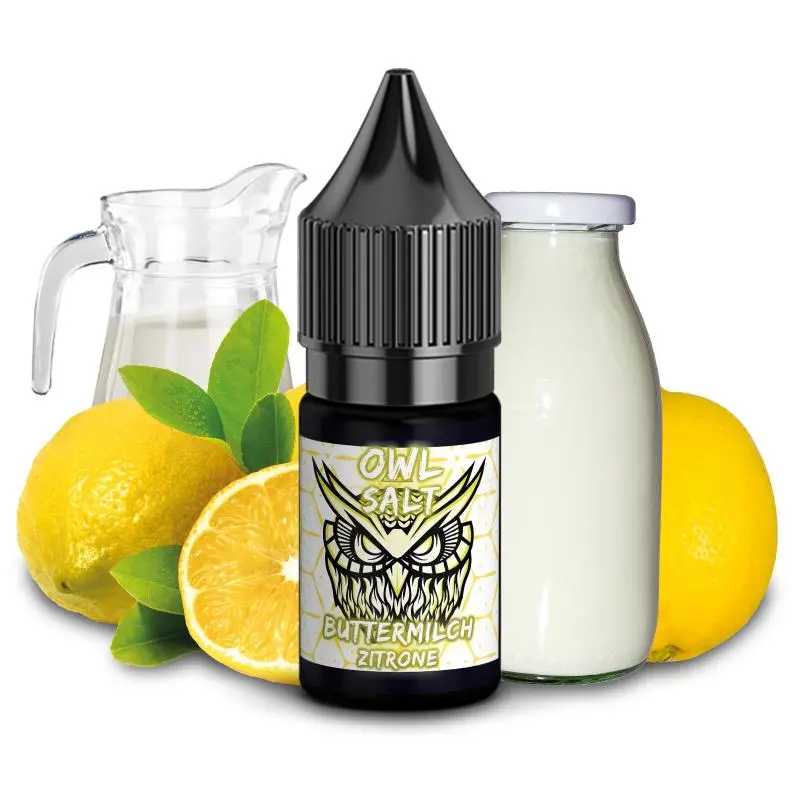OWL Buttermilch Zitrone 10ml Nikotinsalz-Liquid, schwarze Flasche mit Eule-Logo, Zitronen und Milchkrug im Hintergrund